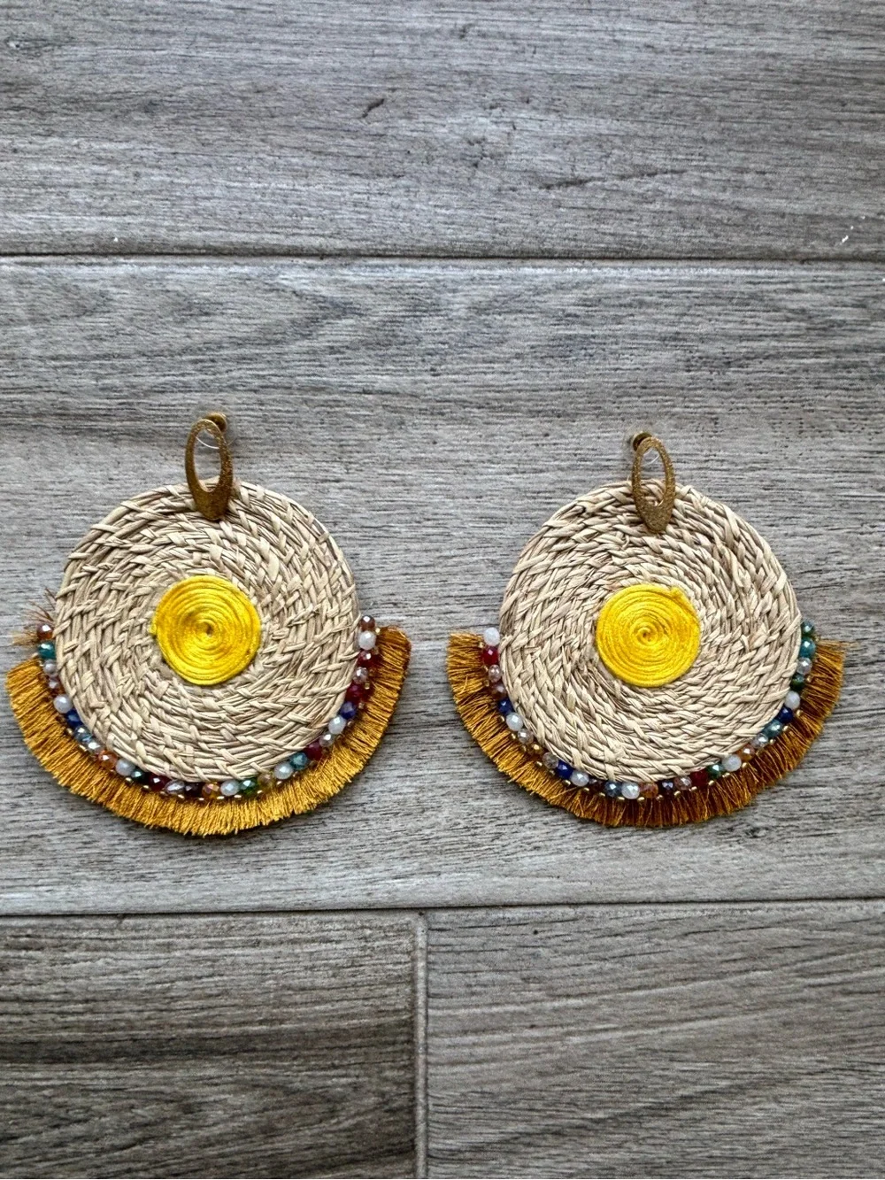 Colombian Handmade Boho Woven Raffia Fringe Earrings with Bead Accents- new